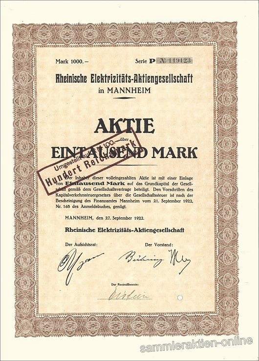 16.01.1923 Rheinische Elektrizitäts-AG Aktie MANNHEIM 1.000 Mark 