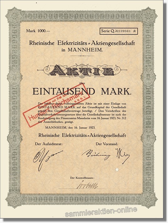 1.000 Mark Rheinische Elektrizitäts-AG 16.01.1923 Aktie MANNHEIM 